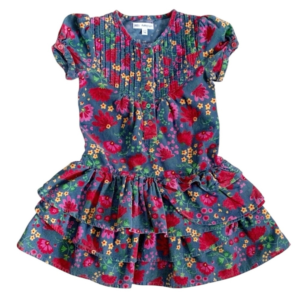 Marks & Spencer Corduroy Ruffles Floral Dress Blue Red 2-3
